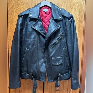 Topshop Black Leather Oversized Biker Jacket with Red Quilted Lining